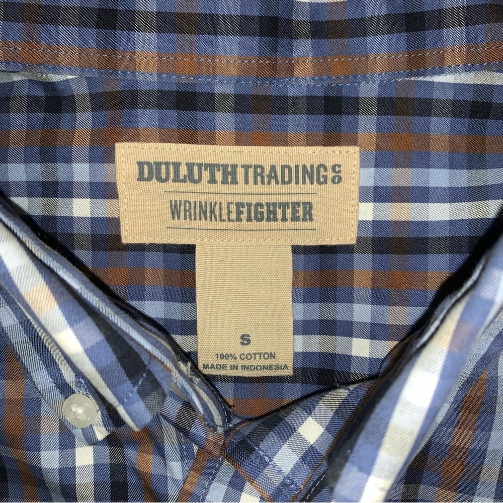 Duluth Trading Mens Plaid Wrinkle Fighter Shirt Size S Long Sleeve Blue Brown - Picture 7 of 8